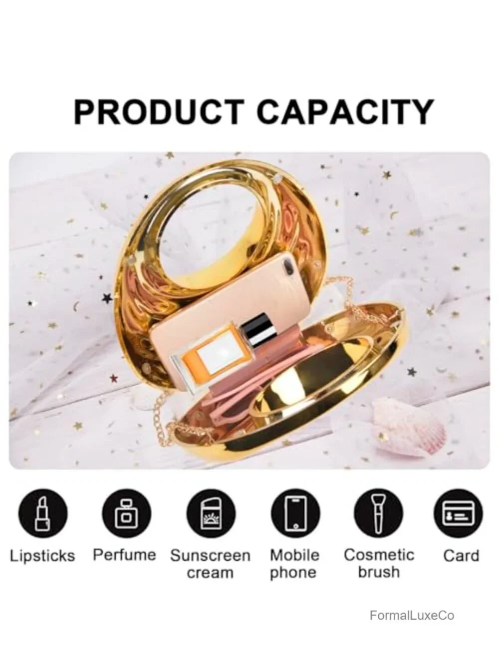 Gold Metallic Acrylic Evening Clutch with Detachable Chain